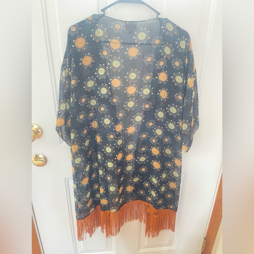 LuLaRoe Monroe Kimono‎ -Large-NWT-Retro Atomic Starburst print w Fringe